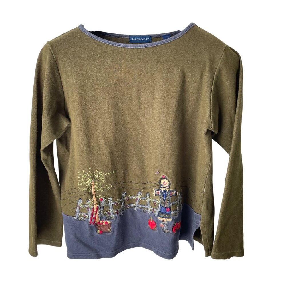 Karen Scott Olive Green Embroidered Fall Scarecrow & Pumpkin Womens Top Size M